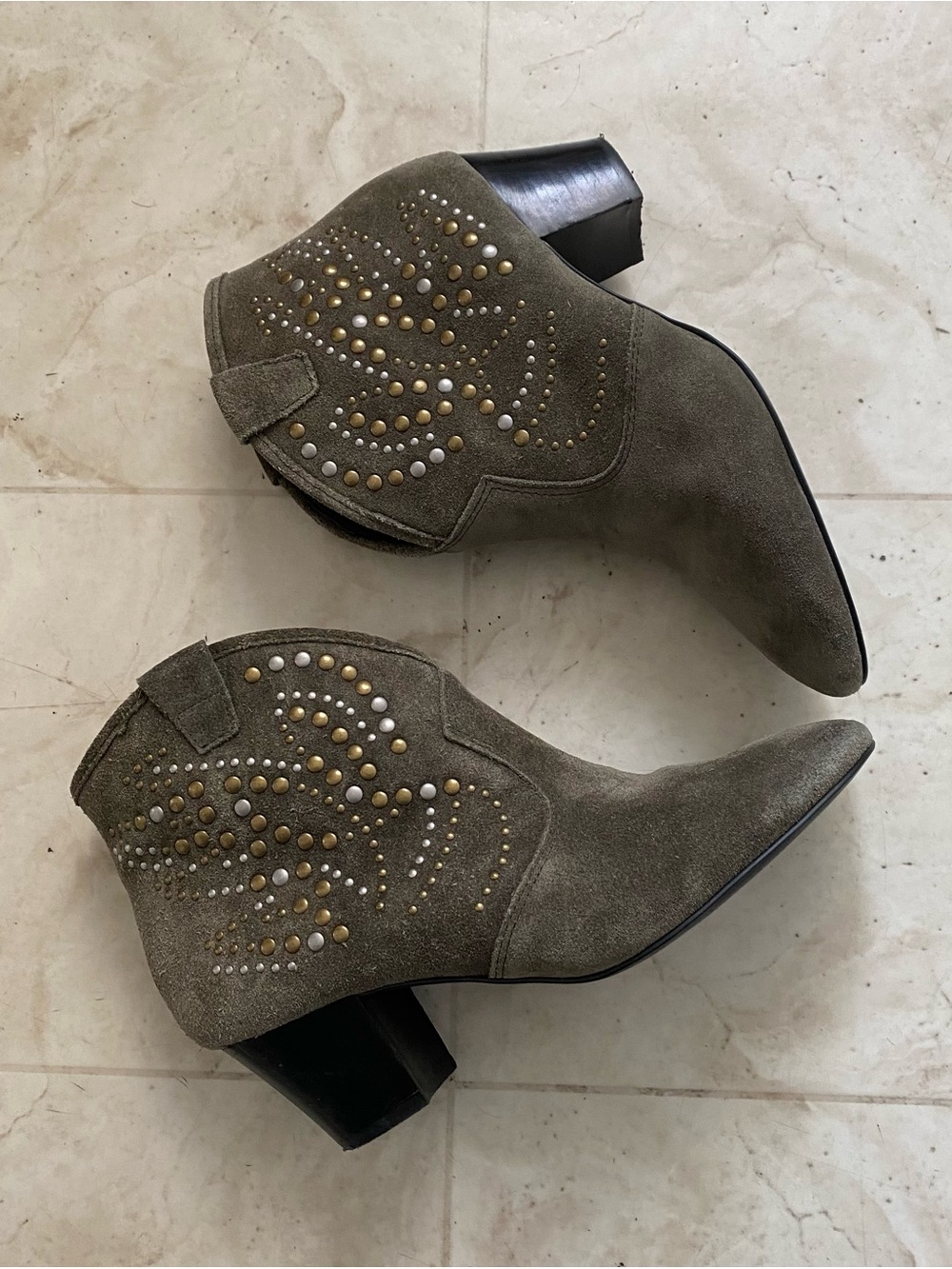 $225 ASH Spirit Green Suede Studded Western Boho Cowboy Cowgirl Ankle Boots 8.5